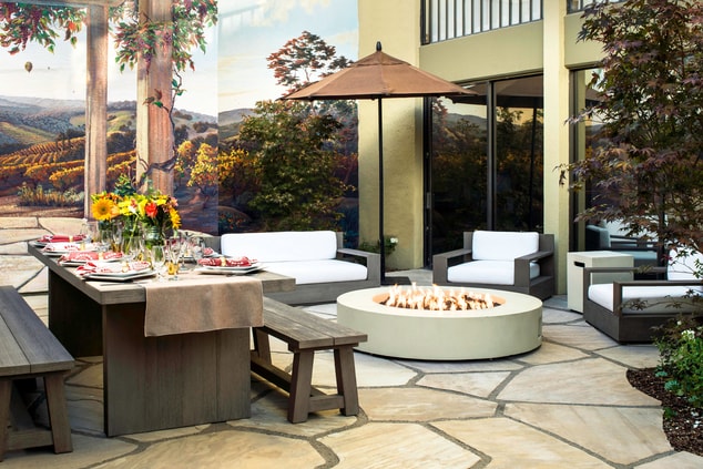 Patio with Dinner Settings and fire pit